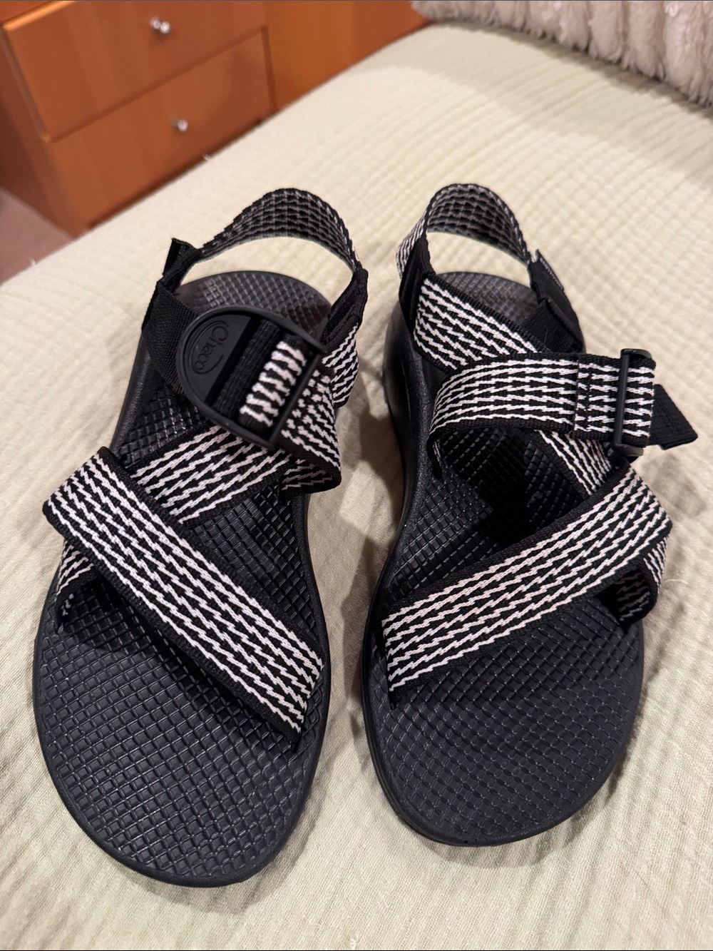 Chaco Black Sandals with Black and White Striped Webbing